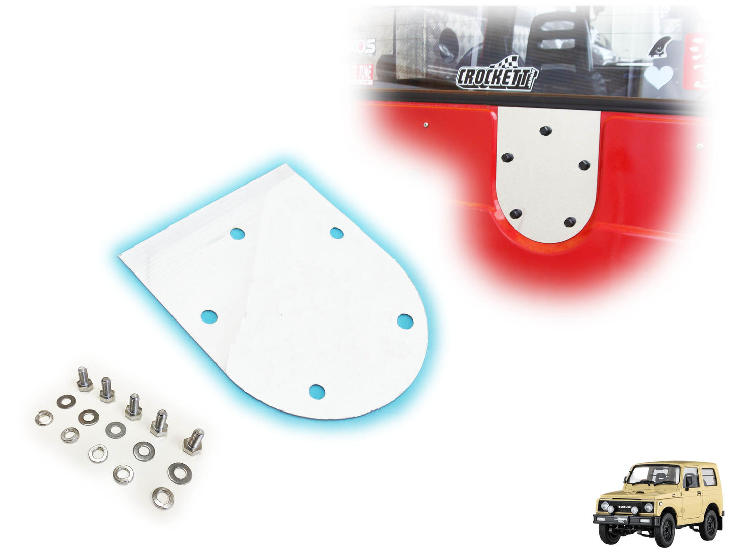 ジムニー用ステンレス製・背面パネル（スペアタイヤプレート）＋取り付けボルト（5式） 適用車種:SJ30JA71JA11等