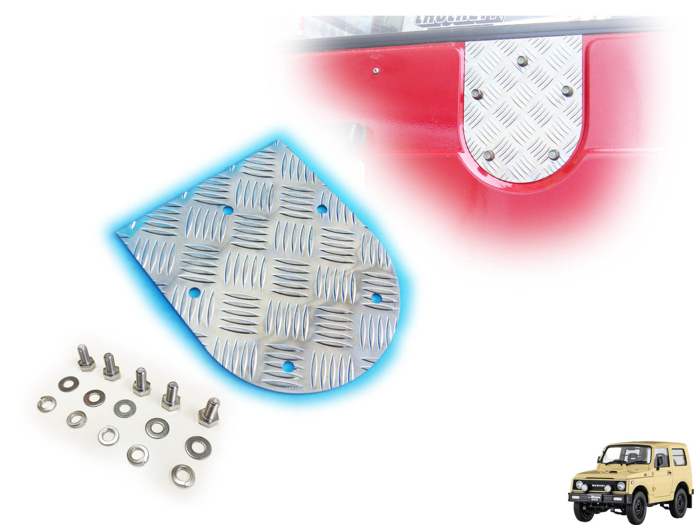 ジムニー用アルミ縞板製背面パネル（スペアタイヤプレート）＋取り付けボルト（5式）適用車種:SJ30JA71JA11等