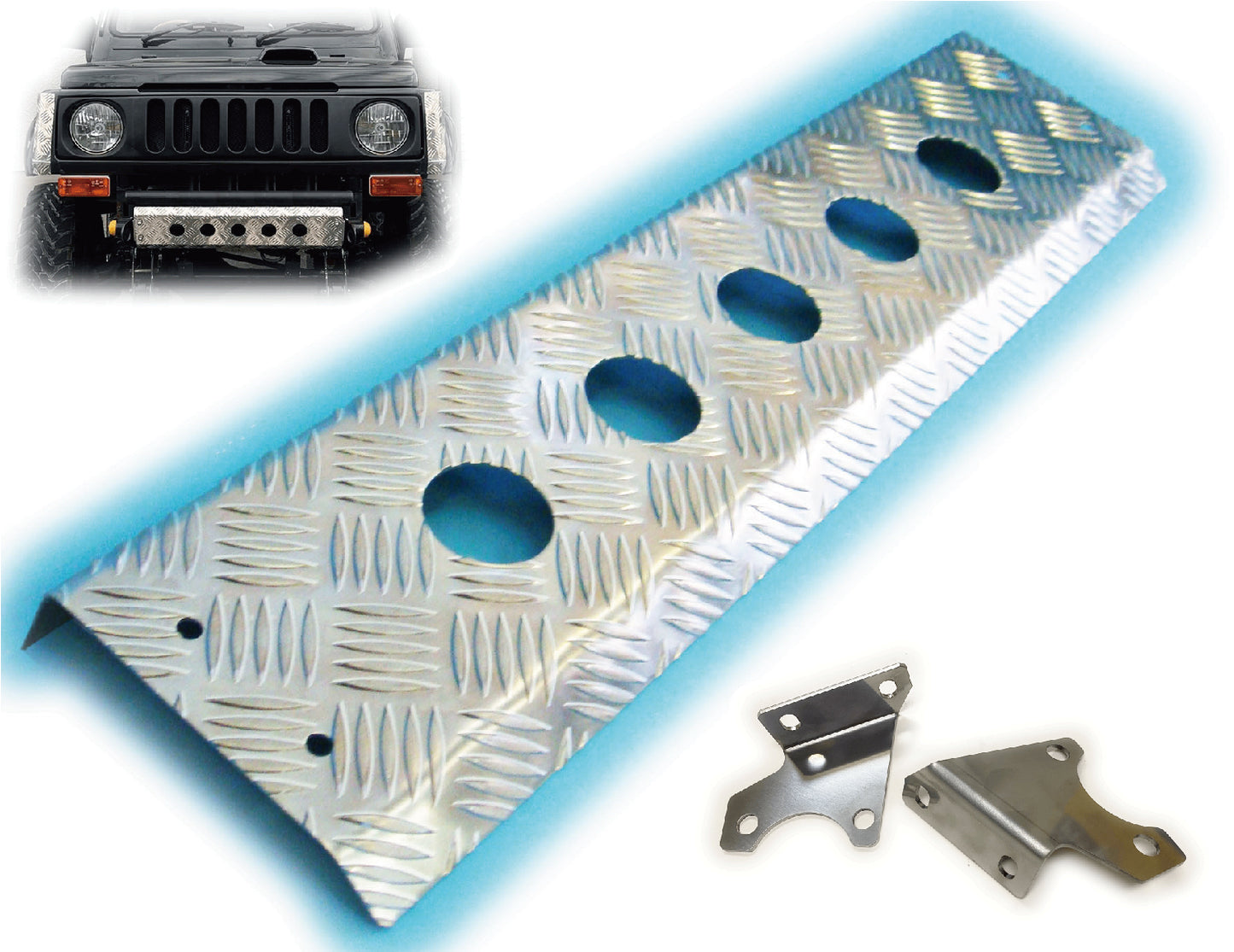 ジムニー用アルミ縞板製スキッドフロントバンパー(丸穴タイプ)適用車種:SJ30,SJ40,JA71,JA,51, JA11,JB31,JA12,JA22