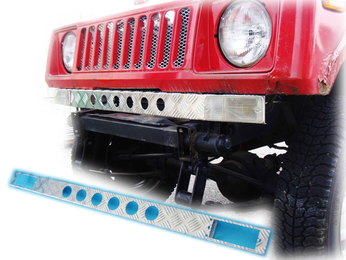 ジムニー用アルミ縞板製フロントエプロン(丸穴タイプ)適用車種:SJ30,SJ40,JA71,JA51,JA11,JB31